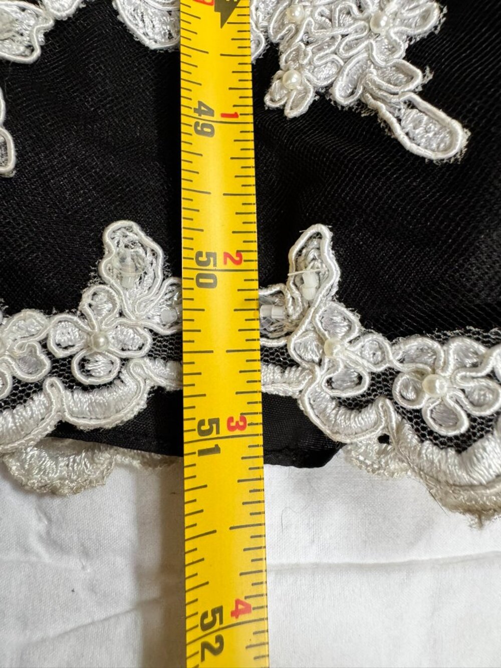 JOVANI Black Satin Strapless A‑Line Gown—White Lace & Beaded Floral Appliqué — 6 - Picture 9 of 9